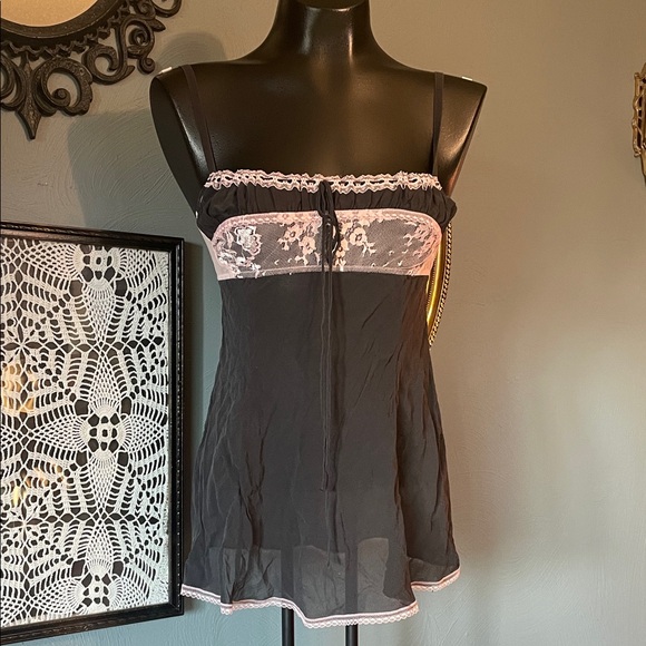 Victoria's Secret Black and Pink Lace Trim Chemise